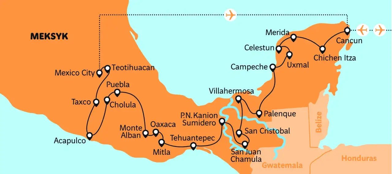 Mapa pokazuje, gdzie leży Meksyk, z zaznaczonymi miastami jak Mexico City, Cancun, Palenque i innymi.