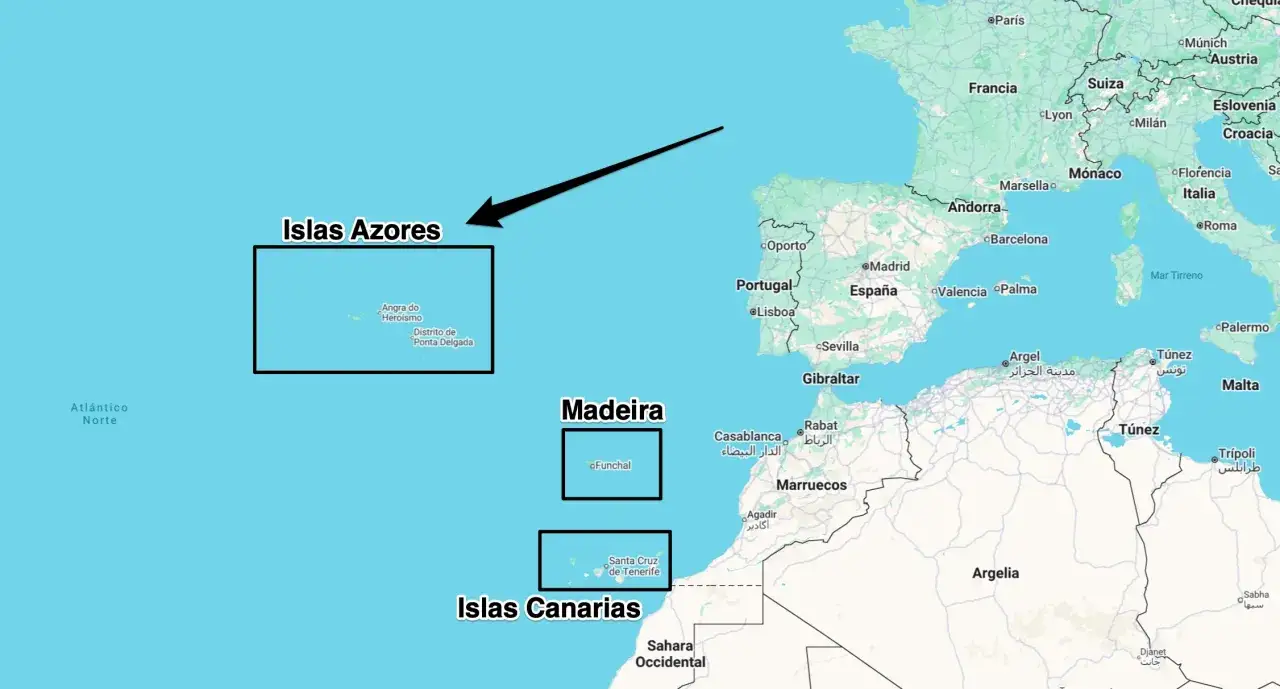 Mapa pokazuje, gdzie leżą Azory, Madera i Wyspy Kanaryjskie na Atlantyku, na zachód od Portugalii i Hiszpanii.