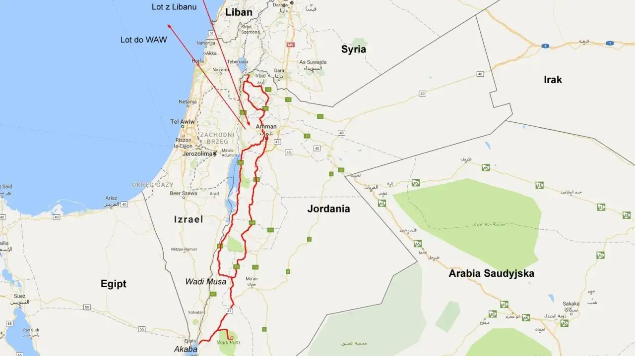 Mapa Bliskiego Wschodu z zaznaczoną trasą przez Jordanię. Podróż do Jordanii jest bezpieczna, trasa prowadzi przez Amman, Wadi Musa i Akabę.