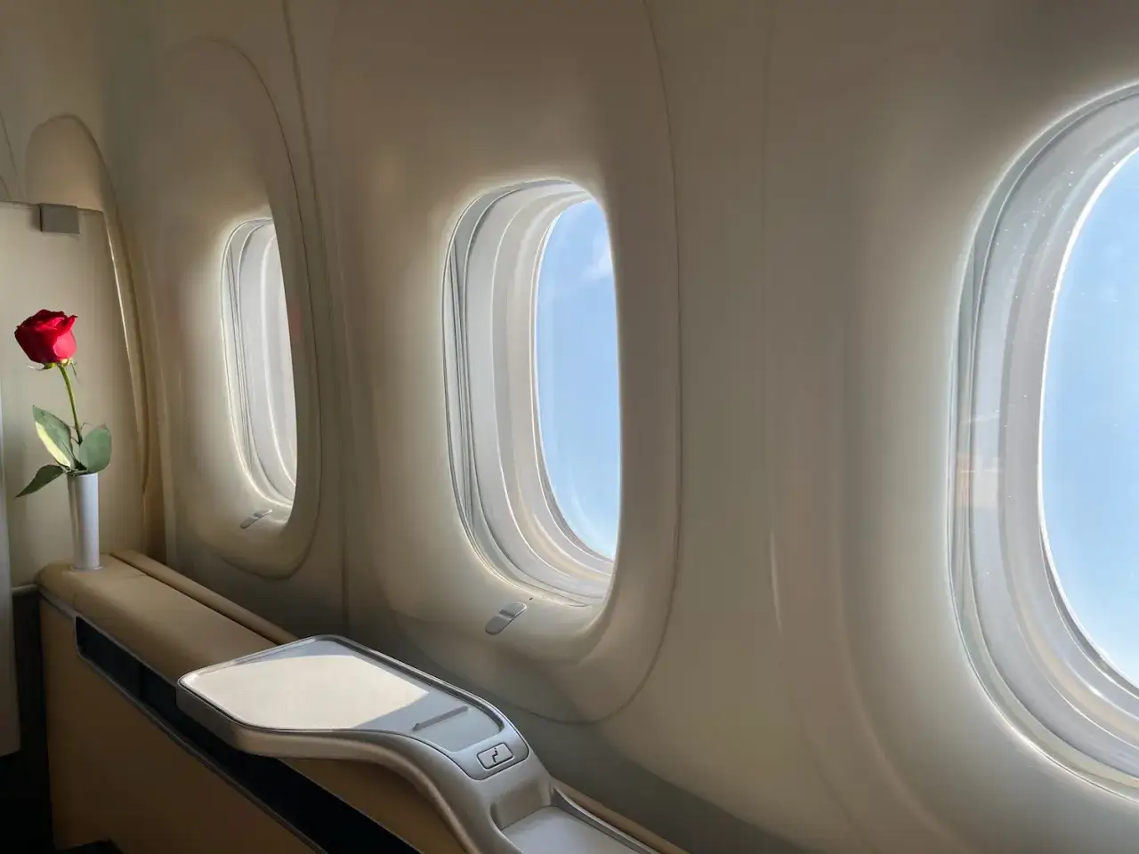 Miejsca w samolocie Ryanair przy oknie. Czerwona róża w wazonie na stoliku, obok okien z widokiem na błękitne niebo.