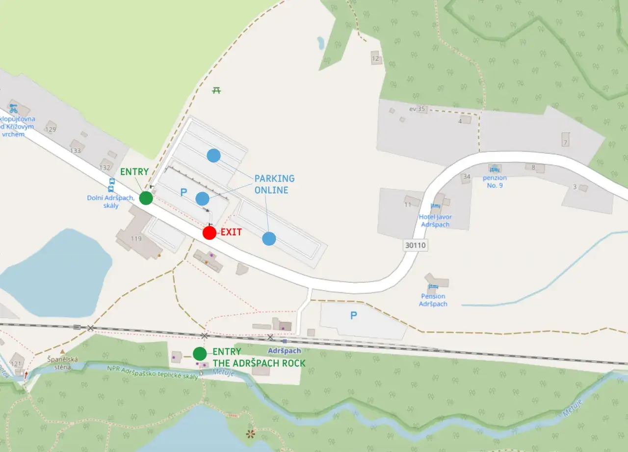 Mapa Adršpach: wejście, wyjście, parking online. Sprawdź skalne miasto cennik i zaplanuj wizytę.