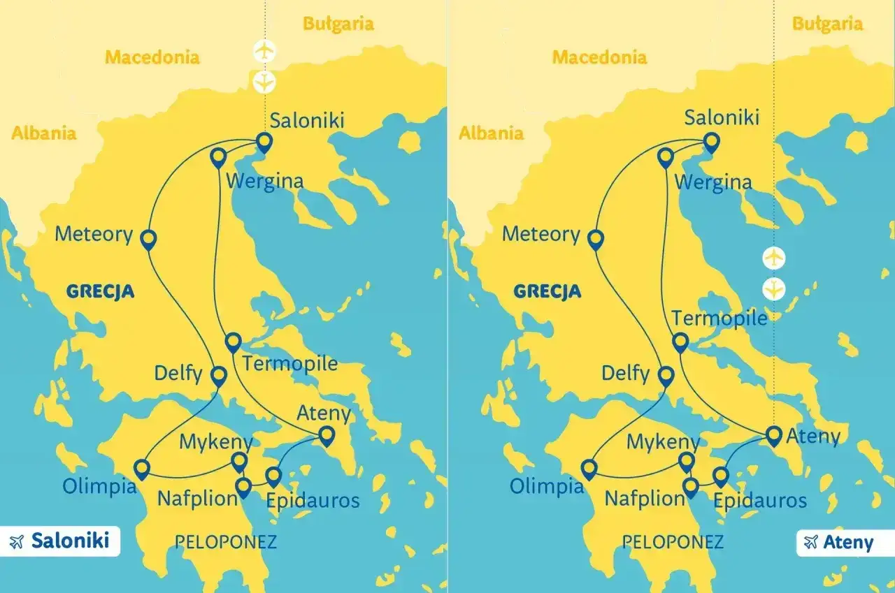 Mapa turystyczna Grecji z zaznaczonymi trasami podróży i lotniskami. Odwiedź Saloniki, Meteory, Delfy, Ateny i Peloponez.
