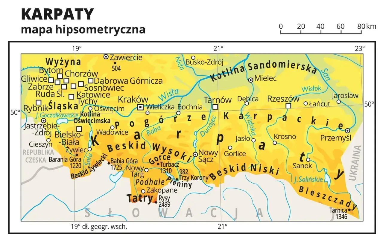 Mapa Polski z zaznaczonymi Karpatami, gdzie leżą Bieszczady, Tatry i Beskidy.