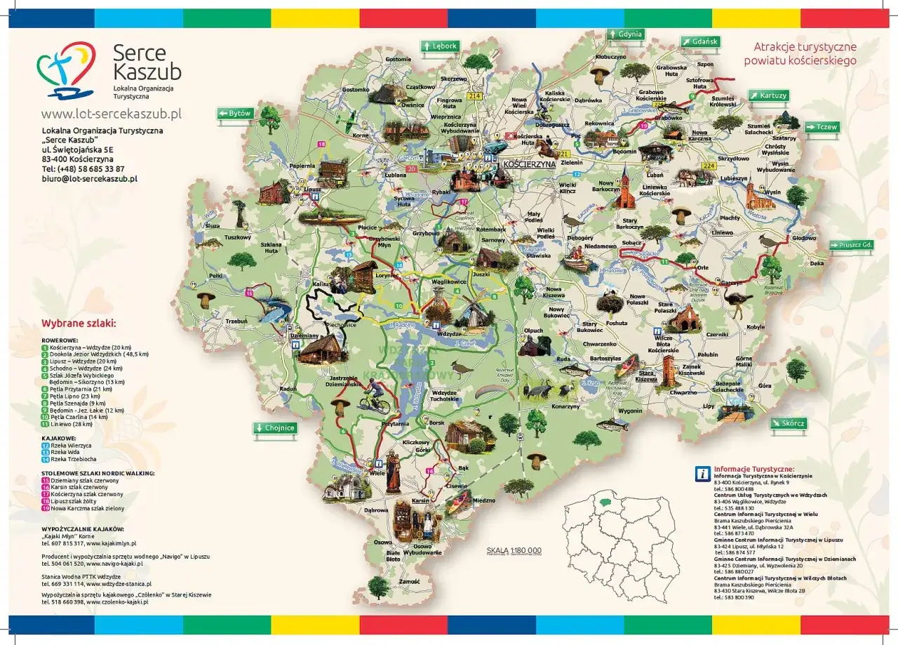 Mapa turystyczna Kaszub z zaznaczonymi szlakami rowerowymi, kajakowymi i pieszymi. Gdzie są Kaszuby? Na tej mapie!