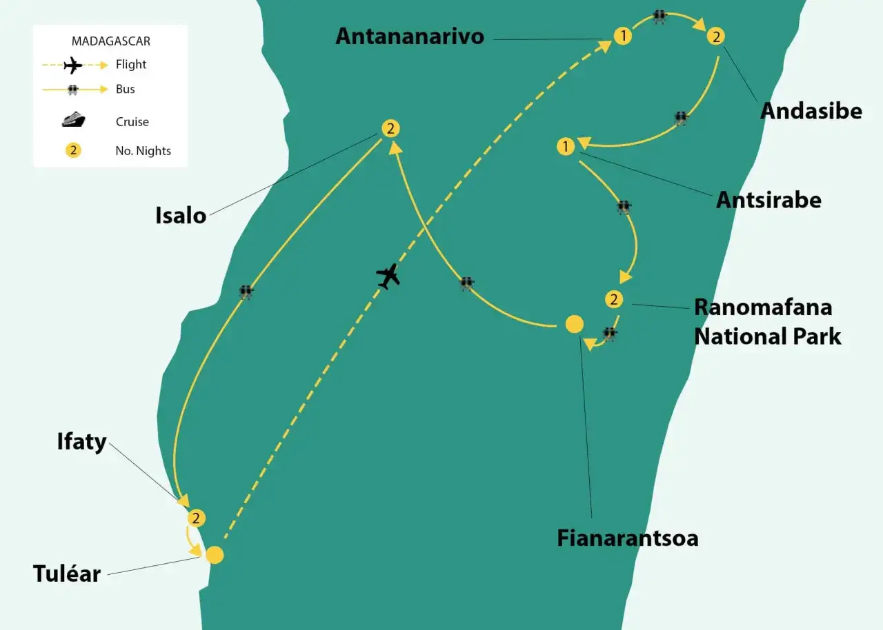 Trasa podróży po Madagaskarze: loty, autobusy i noclegi. Zastanawiasz się, ile się leci na Madagaskar? Mapa pokazuje trasę z Antananarywy przez Andasibe, Antsirabe, Ranomafana, Fianarantsoa, Isalo, Ifaty do Tuléar.