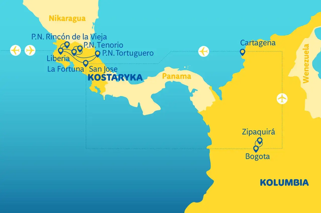 Mapa pokazuje, gdzie leży Kostaryka, między Nikaraguą a Panamą. Zaznaczono też lotniska i główne miasta.