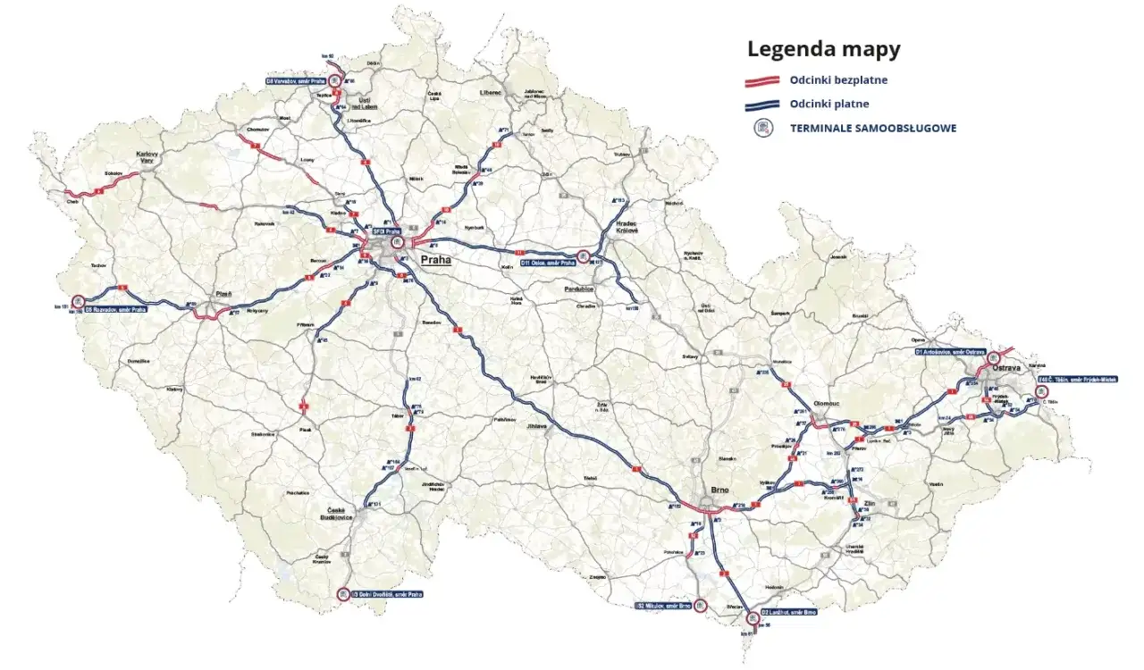 Mapa Czech z zaznaczonymi płatnymi drogami (niebieskie linie) i bezpłatnymi (czerwone linie). Kluczowe odcinki to m.in. D1, D5, D8.