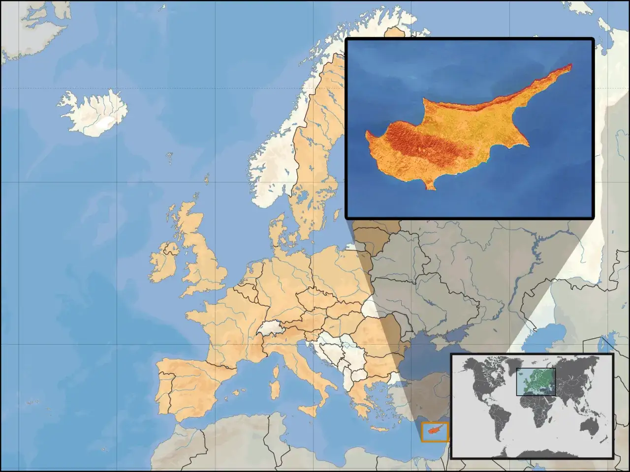 Mapa Europy z zaznaczonym Cyprem. Czy Cypr jest w Europie? Tak, ta mapa pokazuje jego położenie.