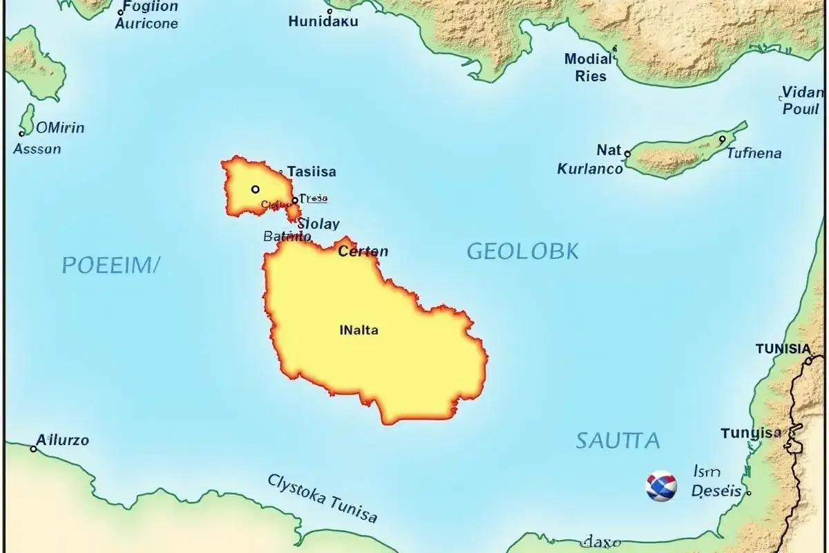 Mapa pokazuje, gdzie jest Malta, między Włochami a Tunezją. Widać też inne wyspy i wybrzeża.