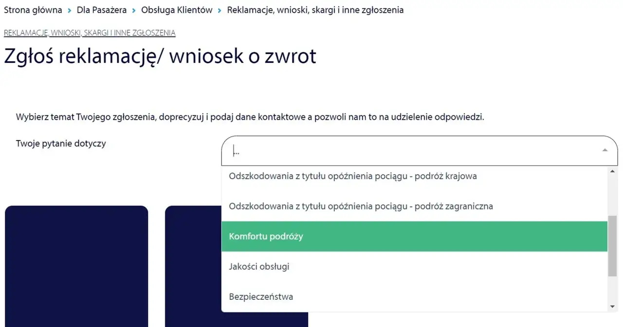 Formularz zgłoszeniowy Intercity. Wybierz temat: odszkodowanie, komfort podróży, jakość obsługi. Dowiedz się, reklamacja Intercity ile czasu zajmuje rozpatrzenie.