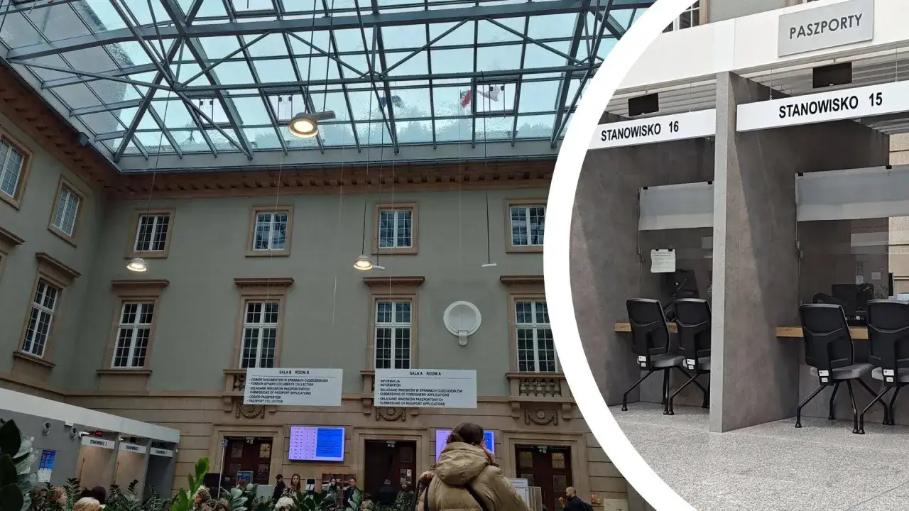 W urzędzie paszportowym, gdzie można dowiedzieć się, jak odebrać paszport. Stanowiska 15 i 16 gotowe do obsługi.