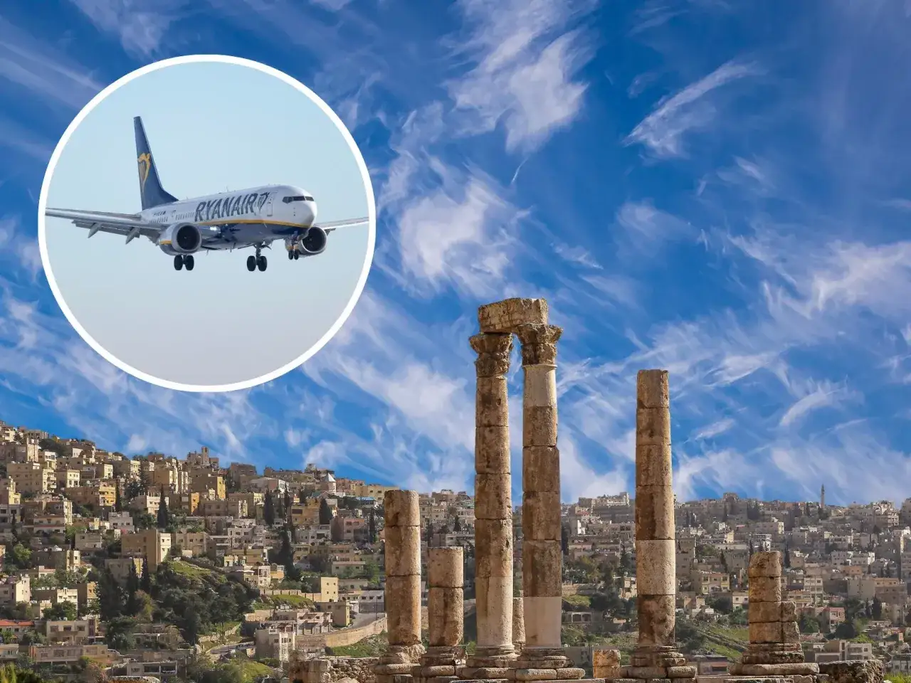 Ryanair ląduje w Jordanii, nad starożytnymi ruinami i miastem Amman.
