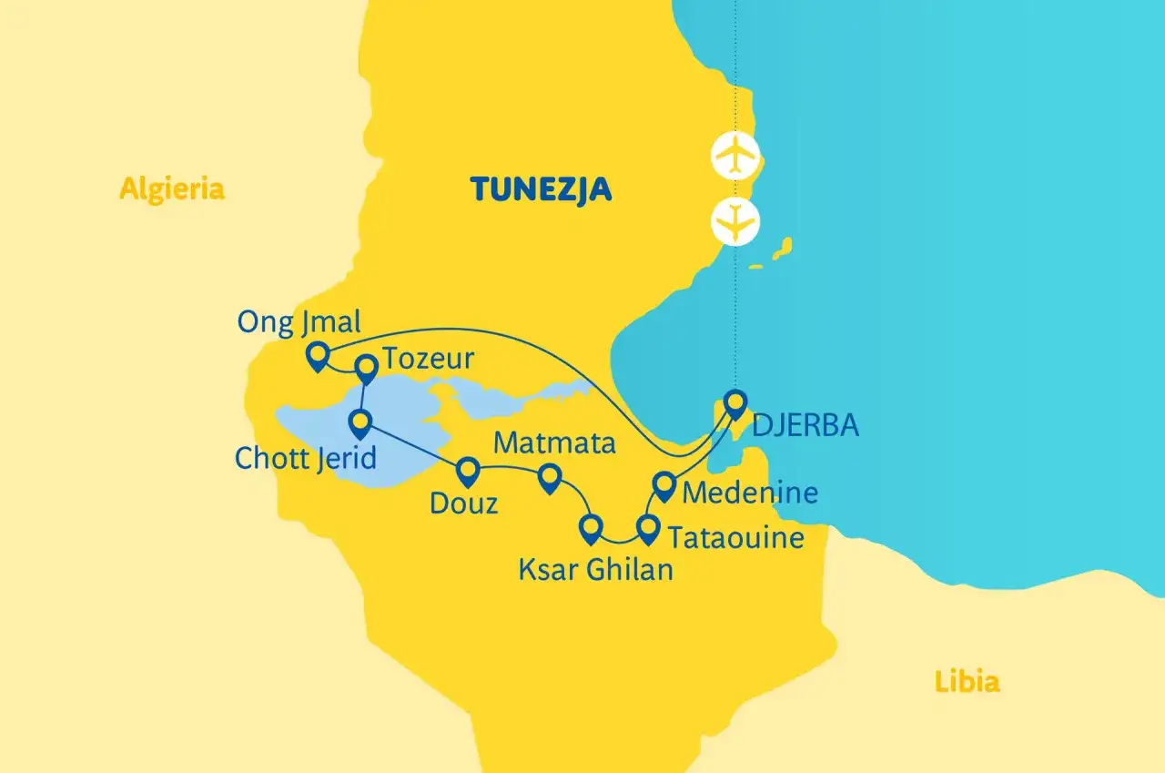 Mapa Tunezji z zaznaczonymi miastami i trasami. Dwa samoloty symbolizują loty, odpowiadając na pytanie: ile się leci do Tunezji.