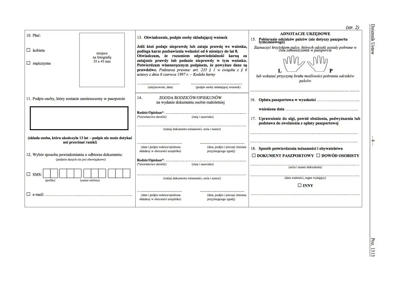 Formularz wniosku o paszport dla dziecka online. Sekcja 10-12 dotyczy danych osobowych i sposobu powiadomienia.