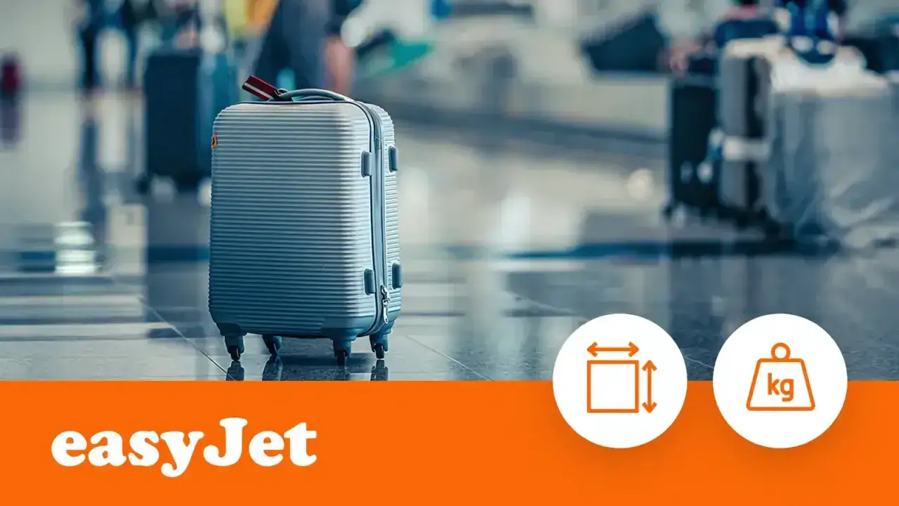 Szara walizka na kółkach, idealna jako easyjet bagaż podręczny, stoi na lotniskowej posadzce. Obok ikony wymiarów i wagi.