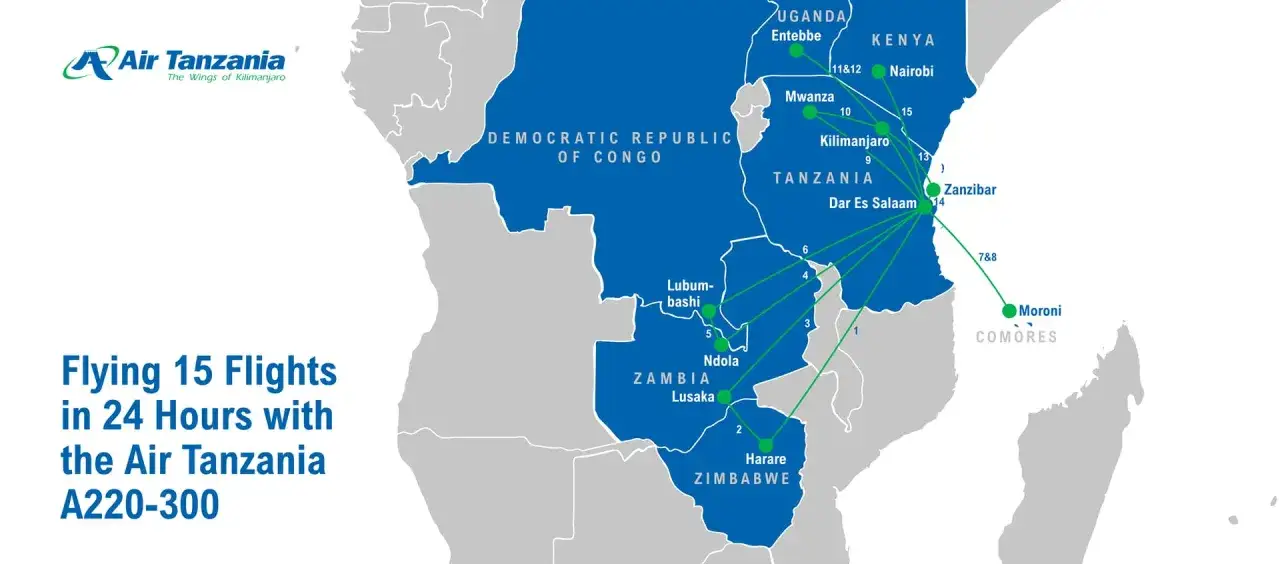 Mapa lotów Air Tanzania pokazuje, ile się leci na Zanzibar. 15 lotów w 24 godziny z Dar es Salaam, Nairobi, Kilimanjaro i innych miast.